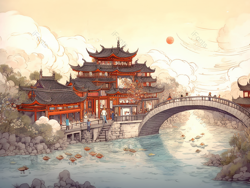 古桥江南古建筑全景图中国风古建筑中国画背景,插画/手绘图,插画/手绘图库,插画/手绘图下载,插画/手绘